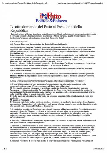 Trattativa Stato mafia Le otto domande del Fatto al Presidente della Repubblica – Il Fatto Quotidiano 22 06 2012.jpg