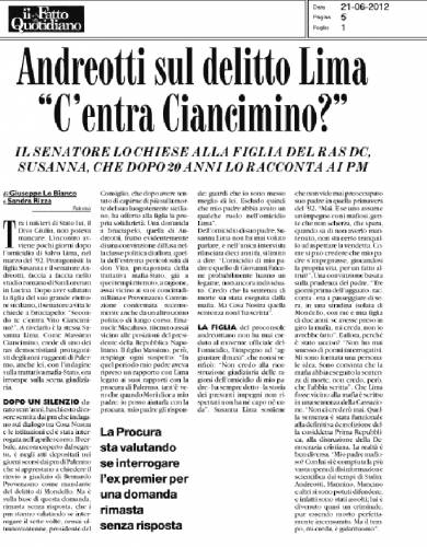Trattativa Stato mafia Andreotti sul delitto Lima c'entra Ciancimino il Fatto Quotidiano 21 06 2012.jpg
